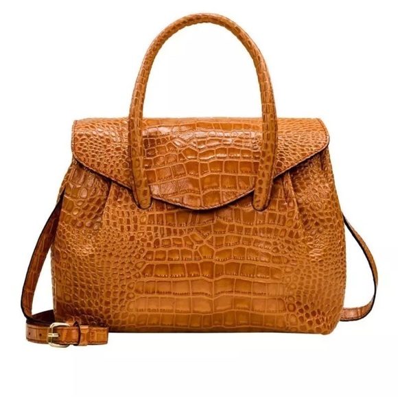 Patricia Nash Notely Croc Embossed Leather Flap Satchel Crossbody Bag Pumpkin - Picture 1 of 11